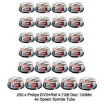 250 Philips DVD+RW 4.7GB Disc 120Min 4x Speed Spindle Tub Rewritable Blank Discs