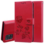 HAOYE Case for Samsung Galaxy S10 Lite/A91 Wallet, Rose Embossed Premium PU Leather Magnetic Flip Cover with Card Slot, Shockproof Slim Soft Silicone TPU Protective Bumper. Red