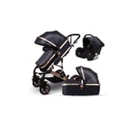 Slowmoose (Black PU) High Landscape Baby Stroller, 3 In 1 Carriage Pu Leather Aluminum Alloy Frame Pram