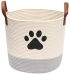 Xbopetda Round Cotton Rope Storage Basket, Dog Toys Storage Bins with Leather Handle, Laundry Basket Toy Storage Organizer (Beige/Grey)