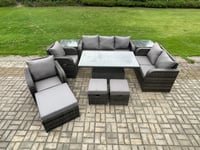 Wicker PE Rattan Outdoor Garden Furniture Sets Height Adjustable Rising lifting Dining Table Sofa Set with 2 Side Tables