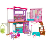 Barbie Vacation House, 2-Storey Fully-Furnished Barbie House with 6 Play Areas, Swing Chair Elevator, 30 Accessories, Fold and Store, Toys for Ages 3 and Up, One Toy House, HCD50