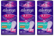 Always Dailies Singles Panty Liners Fresh Scent 20 Liners X 3