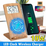 Led Digital Blue Screen Alarm Clock Wireless Fast Charger Tool F B Wood Grain Color