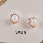 SHUX Earrings S925 Silver Needle Earrings Female Pearl Earrings Round Diamond Earrings Jewelry-Rose Gold