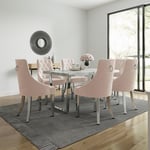 Etta White Marbled Effect Trestle Dining Table Set with 6 Velvet Button Back Chairs