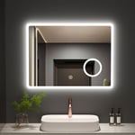 Miroir lumineux de salle de bain 80x60cm anti-buée Miroir Mural, 3 Dimmable éclairage et 3x Loupe Miroir Maquillage - Meykoers