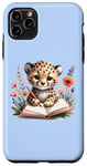 Coque pour iPhone 11 Pro Max Adorable guépard écrit dans un carnet sur fond bleu