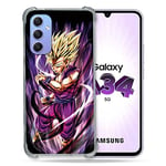 Cokitec Coque Renforcée en Verre Trempé pour Samsung Galaxy A34 5G Manga Dragon Ball Sangohan Violet
