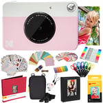 KODAK Printomatic Instant Camera (Pink) All-In-Bundle + Zink Paper (20 Sheets) + Case + Photo Album + 7 Sticker Sets + Markers + Scissors