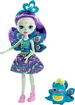 Enchantimals Mini-poupée Patter Paon et figurine animale Flap, aux longs cheveux violets, avec jupe amovible et bandeau, jouet pour enfant, FXM74