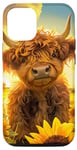 iPhone 14 Pro Scottish Highland Cow, Spring Sunflower Western Country Farm Case