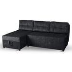 postergaleria Corner sofa with 2 bedding bins 196x145 cm black - corner sofa bed left, sleeping surface 196x140 cm, in velour fabric - 3 seater sofa, for living room, guest room