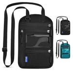 Sciphylia Pochette Tour de Cou Voyage Bloqueur RFID, Imperméable Sac de Passeport avec Bandoulière Réglable pour Femme Homme, Sac de Cou Anti-Vol Porte-Passeport pour Cartes Éléphone, Noir