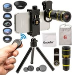 Godefa Cell Phone Camera Lens Kit 6 in 1, 0.63X Wide Angle 18X Telephoto Zoom 198° Fisheye 15X Macro 6X Kaleidoscope CPL Filter, Clip-On Mobile Smart Phone Lens with Tripod+ Remote for Samsung iPhone