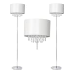 Pair of Modern Chrome White Cream Silk Shade Jewelled Floor Light Standard Lamps