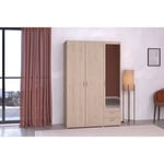 Armoire VARIA - Décor chêne - 3 portes - 2 tiroirs - Porte droite avec miroir - 120,3 x 185 x 51,7