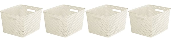 4x Curver Nestable Rattan Basket Large Storage Plastic Wicker Tray 18L - Cream