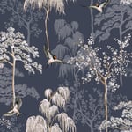 Arthouse Japanese Garden Wallpaper Oriental Swallow Birds Trees Navy 908106