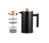 MaxMiuly Small Cafetiere 1 Cup Stainless Steel French Press Coffee Maker Double Wall Insulated Coffee Press 350ml/12oz with 2 Filter Mesh Black Cafetiere Coffee Pot Rose Gold Lid