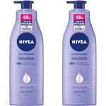 NIVEA Lait Hydratant Douceur 48h (1 x 250 ml), Soin corporel enrichi en concentré de soin NIVEA & en beurre de karité, Lait pour le corps hydratation intense pour peaux sèches (Lot de 2)