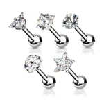Pack med 5 Tragus/Cartilage Piercing med Vita CZ IP-316L stål