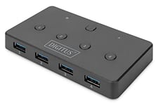 DIGITUS USB 3.0 Sharing Switch - 5 Gbps - partagez 4 périphériques USB avec 2 PC - changement de périphérique par simple pression sur un bouton - Status LED - alimentation par USB-C - noir