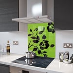 Lime Floral - Black Flower Glass Splashback - 70cm Wide x 75cm High