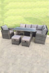 9 Seater High Back Rattan Corner Sofa With Black Tempered Glass Dining Table Footstools With Chair