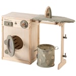 howa ® Tvättmaskin i trä för barn med tvättlina, strykbräda, tvättkorg och strykjärn