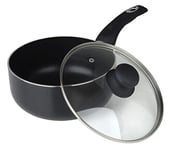 16cm Non-Stick Saucepan With Tempered Glass Lid Steam Vent Dishwasher Safe Black