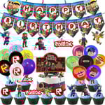 60 st Roblox Virtual World Grattis på födelsedagen Party Dekor Set Sandbox Spel Banners Ballong Tårtdekorationer Virvlar  (FMY)