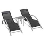 Outsunny 3 Pieces Sun Lounger Chair Set, Metal Frame Garden Outdoor Sunbathing Chair with Side Table and Armrest, Black