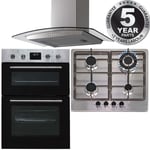 SIA 60cm Stainless Steel Built-in Double Oven, 4 Burner Gas Hob & Curved Hood