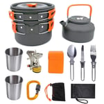 DHUMI Portable Outdoor Camping Cookware Camping Hiking Picnic Teapot Pot Set Non-stick Tableware with Stove Spoon Fork Knife Kettle,Type D Orange