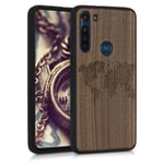 kwmobile Wood Case Compatible with Motorola Moto G8 Power - Phone Case with TPU Bumper - Travel Outline Dark Brown