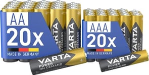 VARTA Batteries 20x AA & 20 AAA, pack of 40, Power On Demand, Alkaline, storage pack in environmentally friendly packaging, ideal for computer accessories, Smart Home devices, Made in Germany