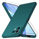 YIIWAY Compatible with Xiaomi Mi 11 Lite 4G / 5G Case + Tempered Glass Screen Protector, Green Ultra Slim Case Hard Cover Shell Compatible with Xiaomi 11 Lite 5G NE YW42288