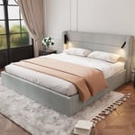 Stoppad säng 180x200 cm - dubbelsäng - med belysning - sängram med spjälor - linne - gris (madrass ingår ej)