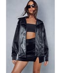MissPap Womens Oversized Croc Leather Look Biker Jacket - Black - Size 8 UK