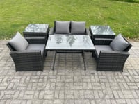 Outdoor Garden Furniture High Back Rattan Sofa Dining Table Set with 2 Side Tables Dark Grey Mixed
