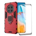 XIFAN Case for Huawei Mate 40 Pro, [Heavy Duty] Tactical Metal Ring Grip Kickstand Shockproof Bumper, Works With Magnetic Car Mount Cover, Red + 2 PACK Screen Protector