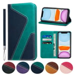 Huping iPhone 12 Pro Max (6.7") Case, Leather Color Contrast Style Wallet Case with Card Holder Shockproof Flip Stand Cover For iPhone 12 Pro Max - Dark blue + mint green