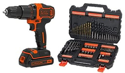 BLACK+DECKER 18 V Cordless 2-Gear Combi Hammer Drill Power Tool with Kitbox, 1.5 Ah Lithium-Ion, BCD700S1K-GB & Mixed Drilling and Screwdriving Set A7200-XJ