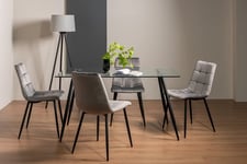 Martini Dining Set - Clear Tempered Glass 6 Seater Dining Table and 4 Mondrian Grey Velvet Fabric Chairs with Sand Black Powder Coated Legs