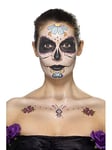 Smiffys Kit tatouage visage Jour des morts, Aqua, Multicolore, Peinture pour visage, autocollant pierre précieuse, crayon et applicateurs