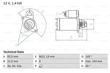 Startmotor Bosch - VW - Passat, Lt-serie, Santana. Audi - A6, 100, 80, S4, Coupe, S6, S2, 90, 200, Quattro, Rs2
