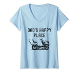 Womens Dad's Happy Place Funny Lawnmower Father's Day Dad Jokes V-Neck T-Shirt