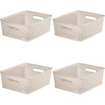 4x Curver Nestable Rattan Basket Small Storage Plastic Wicker Tray 8L - Cream