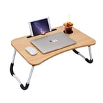 Support Ordinateur Portable, Plateau de lit, Table de lit Pliable avec Porte Gobelet Bureau Petit déjeuner réglable et Portable pour Tablette 60x40x28cm (Bois)